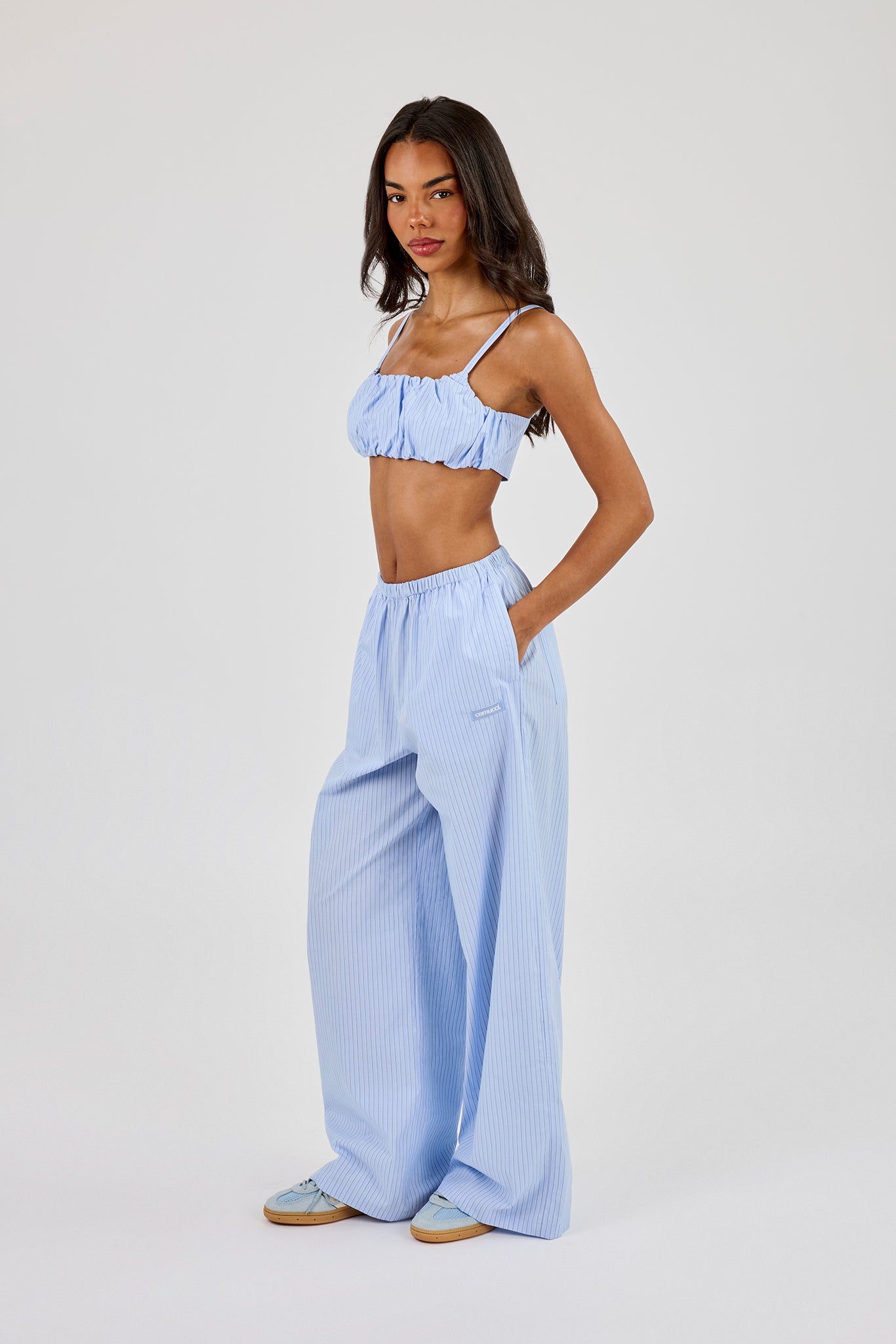 Nylon Striped Ruched Bralet & Wide Leg Trouser – Baby Blue